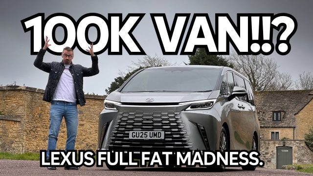 18539 Man in a black jacket and jeans raises hands next to a silver Lexus minivan; large text reads '100K VAN?!' with 'LEXUS FULL-FAT MADNESS' at bottom.