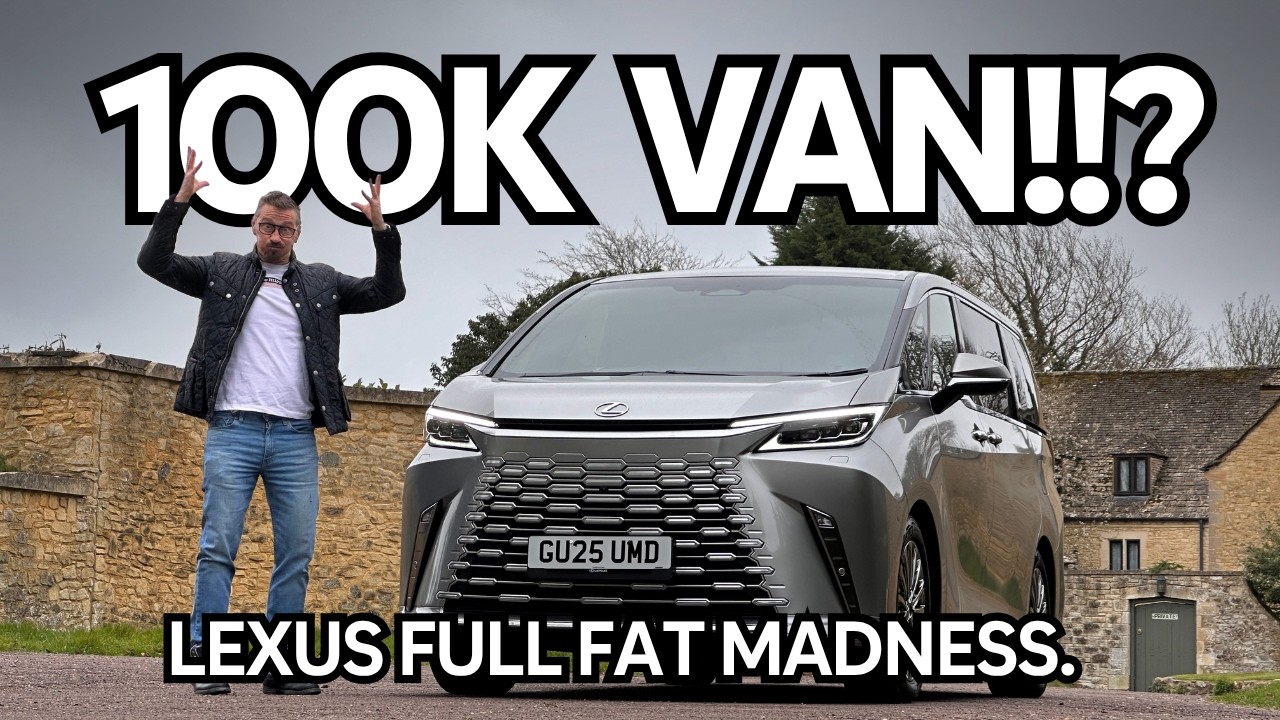 18539 Man in a black jacket and jeans raises hands next to a silver Lexus minivan; large text reads '100K VAN?!' with 'LEXUS FULL-FAT MADNESS' at bottom.