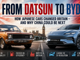 Infographic banner with a vintage Datsun and a BYD car in front of UK and China flags, headline 'From Datsun to BYD' and subheading about Japan and Britain.