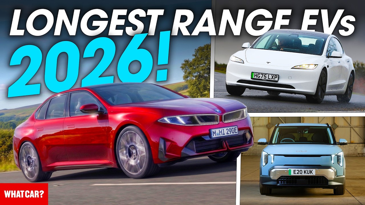 18991 Video thumbnail: 'Longest Range EVs 2026!' with four electric cars (red sedan, white sedan, blue SUV) and WHATCAR? logo.