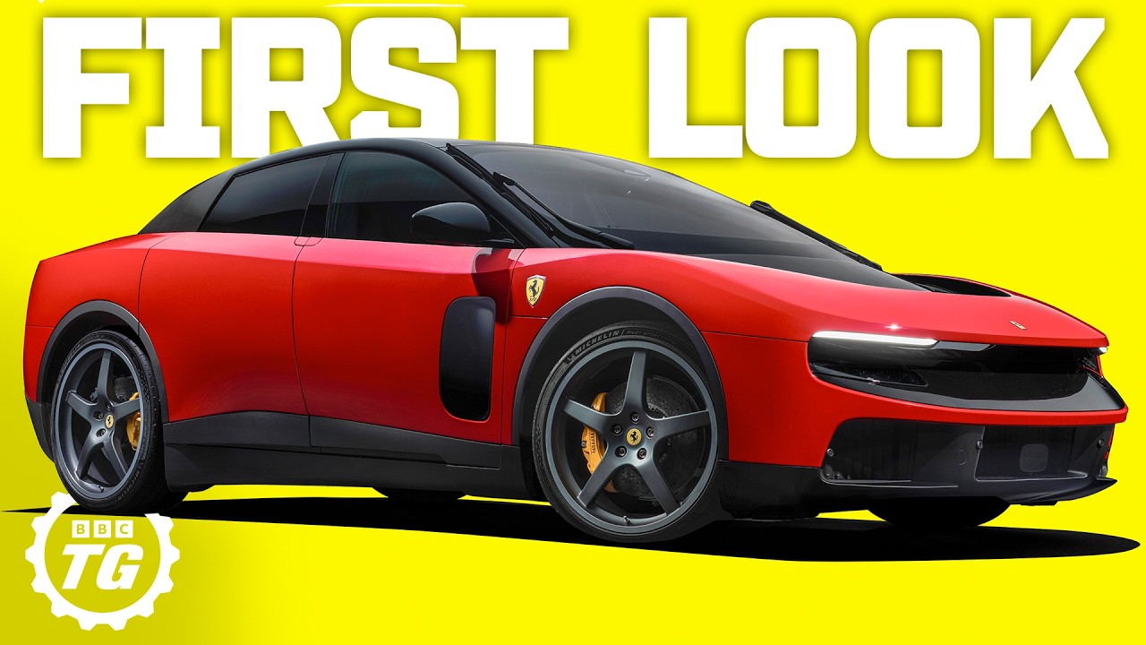 Red Ferrari sports car on a bright yellow background with large 'FIRST LOOK' text, BBC TG badge in the corner.