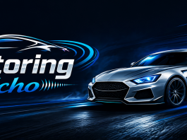 Silver sports car speeding on a dark track with blue neon streaks and the 'Motoring Echo' logo.